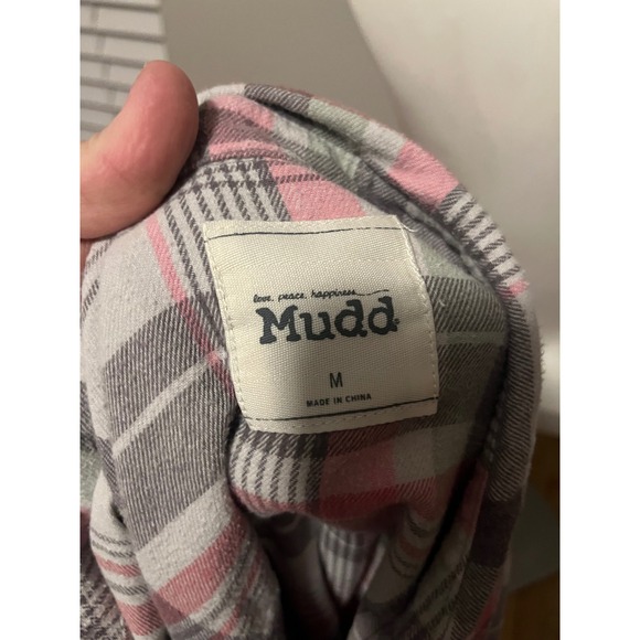 Mudd Flannel Shirt Women Pink Gray Plaid Long Sleeve Button Up Casual Size M - Picture 3 of 5